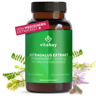 Produktbild von Vitabay Astragalus Kapseln Hochdosiert 10.000mg - 90 Vegane Kapseln Astragalus Extrakt aus der Wurzel - Tragantwurzel Membranaceus mit 20% Polysaccharide - Labor