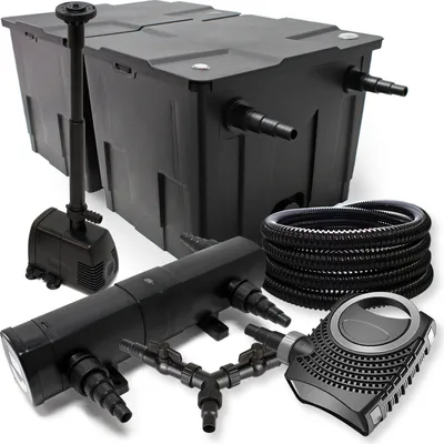 Immagine prodotto di Set completo SunSun: filtro per laghetti CBF-350B fino a 60000 L, pompa per laghetti CTF-8000 8000l/h 70W, chiarificatore per laghetti CUV-218 18W, tubo per laghetti 25m 25 mm, fontana HJ-943 800l/h 16W, distributore Y