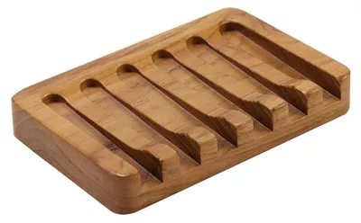 Productafbeelding van Zeepbak van teakhout, watervaldesign, 12x7,8x1,9 cm, geschikt voor badkamer en keuken