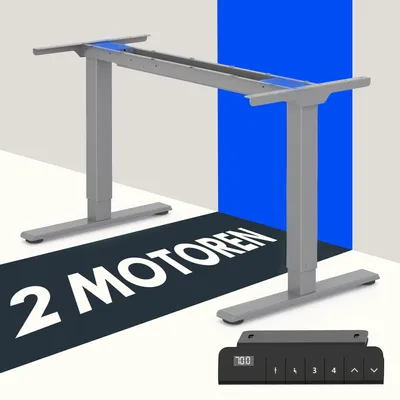 A gray electric standing desk frame with a control panel and text overlay.