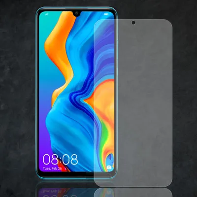 A smartphone screen protector is shown placed over a smartphone screen displaying a colorful wallpaper.