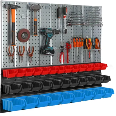 Immagine prodotto di Parete portautensili in metallo 116x99cm Sistema di stoccaggio con portautensili 33 scatole Ganci portautensili Pannello forato Officina Garage Piantana Utensili elettrici Parete forata Robusto ripiano a innesto Ripiano appendibile Staffa a muro pronta per il montaggio