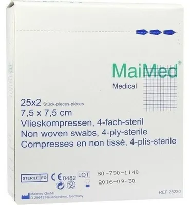 Productafbeelding van MaiMed steriele gaaskompressen, 4-laags, 50 stuks, 7,5 x 7,5 cm
