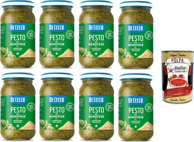 Produktbild von De Cecco Pesto alla Genovese con Parmigiano Reggiano senza aglio Pesto mit frischem Basilikum, Parmigiano Reggiano ohne Knoblauch Italienisches Sauce 8x190g + Italian Gourmet polpa 400g