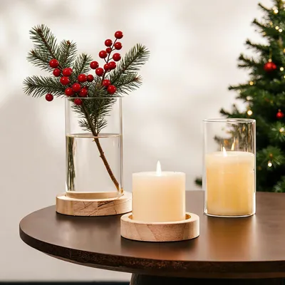 Produktbild von Windlicht Glas Holz Kerzenständer 2er Set 20cm+16cm Höhe Naturholz