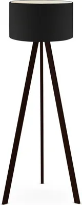 A floor lamp with a black cylindrical shade and three dark brown wooden legs.