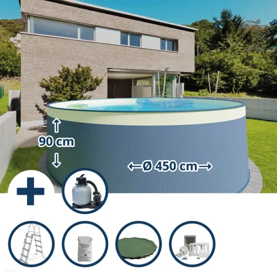 Produktbild von Stahlwandpool Set (6-teilig) rund 450x90 cm, Stahl 0,3 mm anthrazit, Folie 0,2 mm sand, overlap