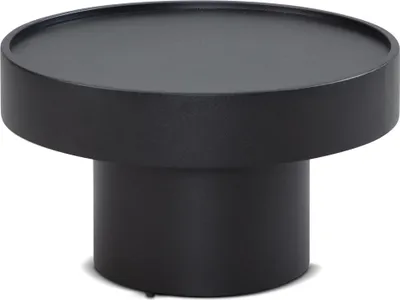 Runder Couchtisch Rund Metall Schwarz mit schwarzem Metallgestell und zylindrischer Säule, Gesamtansicht.