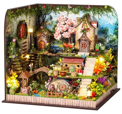 Image de Kit de construction de bibliothèque miniature en bois, idéal pour créer un coin lecture décoratif. Comprend des LED et une housse de protection anti-poussière