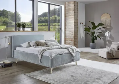 Produktbild von Meise Möbel Polsterbett Mattis 120x200 cm | Bettgestell | skandinavisches Kopfteil | Strukturstoff Hellblau | Holzfuß sandfarbig