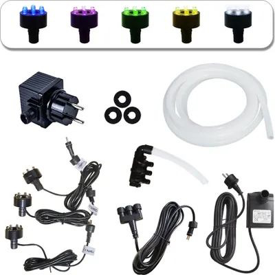 Produktbild von Köhko zestaw pompy 2000 l/h do fontann, 3 LED (ciepła biel), 3-drogowy rozdzielacz, wąż, 5 m przedłużacz, transformator i uszczelka piankowa.