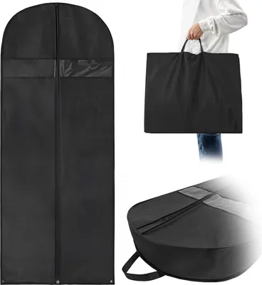 A collage of images showing different ways a black garment bag can be used and carried.