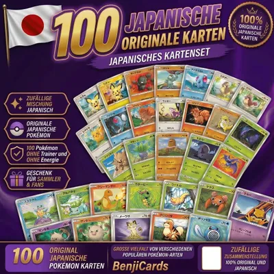 Produktbild von 100 Pokemon Karten Japanisch Original – Sammelkarten Set mit 100 Pokemon ohne Trainer, ohne Energie + BenjiCards Karte – Geschenk für Kinder & Sammler, KI-generiertes Bild