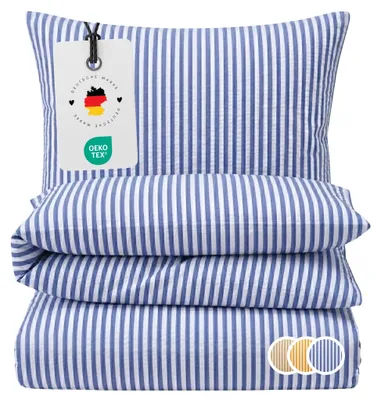 Produktbild von Seersucker Bettwäsche 135x200 Streifen Blau Sommer Bettwäsche gestreift Bettbezug 135 x 200 - Bügelfrei