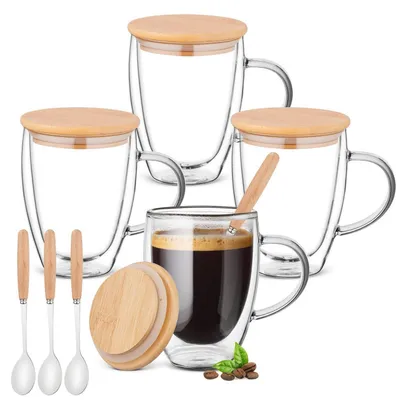 Obrázok produktu pre Sada štyroch dvojstenných sklenených pohárov s objemom 350 ml, vrátane viečka a lyžičky, vyrobených z borosilikátového skla, odolných voči teplu a chladu