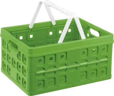 A green folding basket with white handles, shown from a diagonal angle.