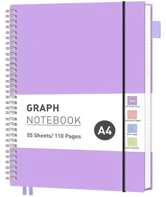 Produktbild von Notizbuch A4 Kariert, Collegeblock 55 Blatt, PVC Softcover Spiralbuch 100 g/m² Papier, Lila