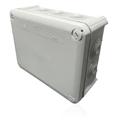 A light gray electrical junction box with multiple entry points and securing screws, presented against a white background.