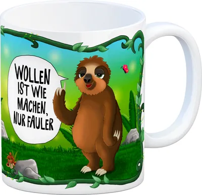 Produktbild von Kaffeebecher mit Faultier Dschungelmotiv und Spruch: Wollen ist wie machen, nur