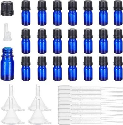 Image de Lot de 24 flacons en verre pour huiles essentielles de 5 ml, bleus, avec diffuseurs et bouchons
