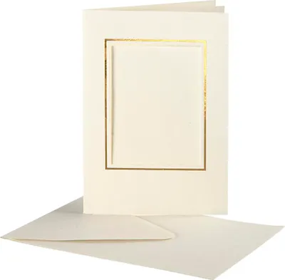 Produktbild von Creativ Company Passepartoutkarten, Rechteck mit Goldrand, Kartengröße 10,5x15 cm, Umschlaggröße 11,5x16,5 cm, gebrochenes Weiß, 10er Set 1 Box