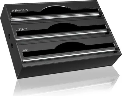 Productafbeelding van Unyqoos® 3-in-1 foliehouder van acryl – transparant, voor vershoudfolie, aluminiumfolie en bakpapier, met schone sneden, 33,5 x 22,5 x 7,5 cm (geschikt voor rollen tot 31 cm)