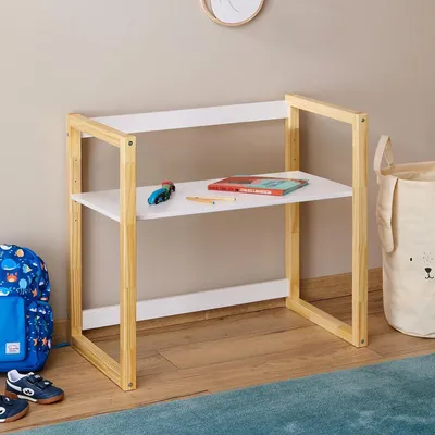 Produktbild von Höhenverstellbarer Kinderschreibtisch aus massivem Holz in Natur/Weiß – Tischplatte in 4 Höhen einstellbar, für kleine Räume geeignet, minimalistisches Design im Montessori-Stil