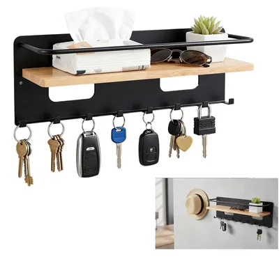 Produktbild von Schlüsselbrett mit Ablage, Wandhalterung mit 8 Haken, Holz, Schwarz