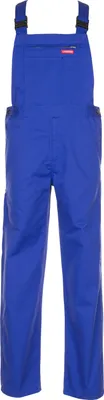 A pair of blue overalls is shown against a white background.