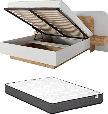 Produktbild von Bett mit Kommode und Nachttischen 160 x 200 cm - Mit LED-Beleuchtung - Natur und weiß + Matratze - DESADO