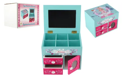 Image de Boîte à bijoux Princess, 3 tiroirs, avec un couvercle rabattable et un miroir, en bois, dimensions : 16 x 12,5 x 12 cm, vendue dans sa boîte