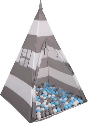 Produktbild von Selonis Tipi Spielzelt Mit 200 Bälle 6 Cm zelt Für Kinder, Grau-Weiße Streifen:Grau/Weiß/Transparent/Babyblau