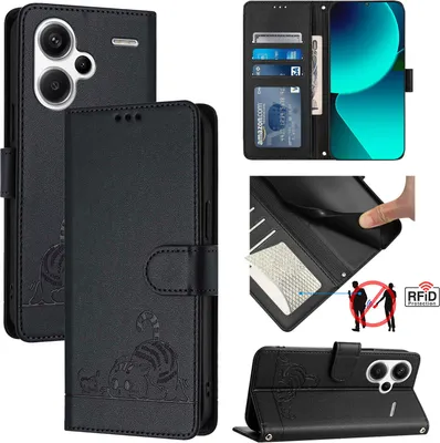 Obrázek produktu pro Kožené pouzdro pro Xiaomi Redmi Note 13 Pro+, sladká kočka Flip pouzdro s funkcí stojánku a peněženkou černé