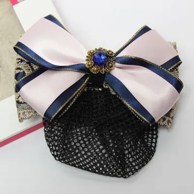 Produktbild von Haarclip mit Haarnetz Schleife Spitzenstoff Strass Blau Weiß