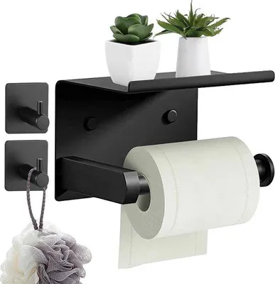 Zdjęcie produktu dla Unyqoos® Samoprzylepny uchwyt na papier toaletowy ze szczotkowanej stali nierdzewnej 304, czarny – montaż bez wiercenia, z 2 haczykami samoprzylepnymi, oszczędza miejsce w łazience i kuchni