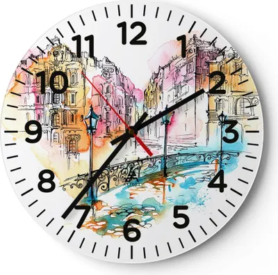 Produktbild von Wanduhr - Rund - Glasuhr - Ort Stadt Architektur Herz - 30x30cm - Schleichendes Uhrwerk - Lautlos - zum Aufhängen bereit - Dekoration Modern - Wanddekoration aus Glas - C4AR30x30-3030