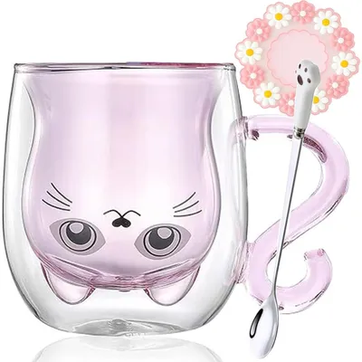 Productafbeelding van Dubbelwandige glazen bekers met kattenmotief, roze, met lepel en onderzetter, van borosilicaatglas, set van 2