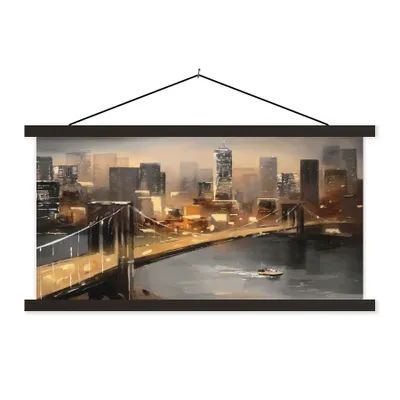 Produktbild von MuchoWow® Textilposter Gemälde - Skyline - Brücke - Architektur - Ölgemälde 150x75 cm mit schwarzem Rahmen - Posterleiste