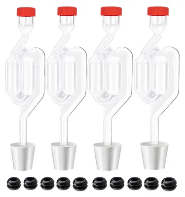 Obrázek produktu pro 4dílná sada kvasných zátěk, průhledná plastová kvasná zátka s uzávěrem + 4 perforované silikonové uzávěry (otvor 8 mm) + 10 těsnicích kroužků, ventil pro odvod kvasných plynů pro výrobu piva, vína a moštu