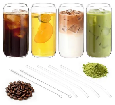 Produktbild von Trinkgläser Set 4 Stück 500 ml mit Glasstrohhalmen und Bürsten