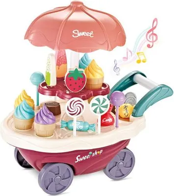 A toy ice cream cart with various colorful ice cream cones, lollipops, and candies.