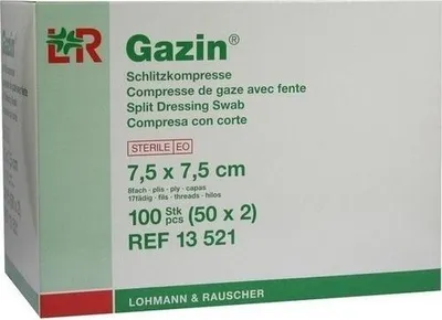 Zdjęcie produktu dla Gazin kompresy szczelinowe 7,5x7,5 cm sterylne 8-krotne 50X2 szt