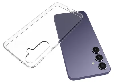 A transparent phone case is shown next to a purple smartphone.