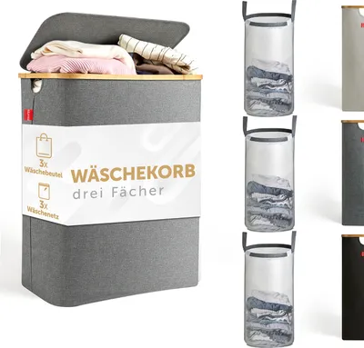 A grey fabric laundry basket with a wooden lid is shown, filled with clothes. The basket has a label with text and icons.