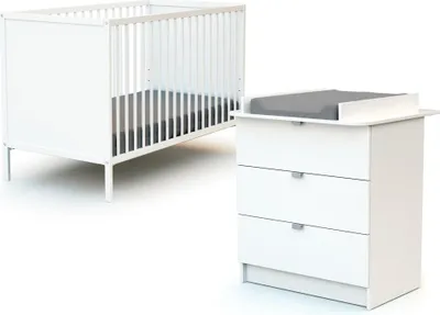 Produktbild von WEBABY - Duo aus Babybett und Kommode Weiß | 60x120 Bett | Verstellbarer Lattenrost in 3 Höhen | Kommode mit 3 Schubladen | Abnehmbarer Wickeltisch inklusive