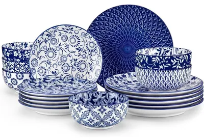 Immagine prodotto di Set di stoviglie in Vetroceramica, 18 pezzi, bianco e blu, per 6 persone, composto da piatti piani, piatti da dessert e ciotole