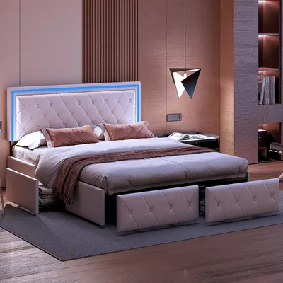 Zdjęcie produktu dla Łóżko Moonbite z pojemnikiem i oświetleniem LED, 140x200 cm – beżowa tapicerka, 4 szuflady, pojemnik na pościel, stelaż, tkanina, kolor beżowy