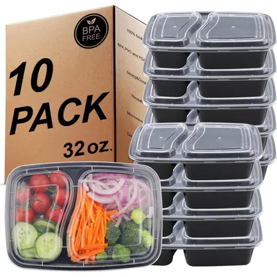 Productafbeelding van Maaltijdverpakking met 2 compartimenten, BPA-vrij, set van 10, inhoud 32 oz, geschikt voor de magnetron, vaatwasmachinebestendig