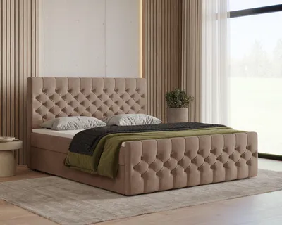 Produktbild von Boxbett 12 - 180 x 200 cm mit Bettkasten und Topper, Polsterbett mit PolyurethanSchaum, gepolstertes Kopfteil mit Ziernähten, Manila Stoff, Cappuccino