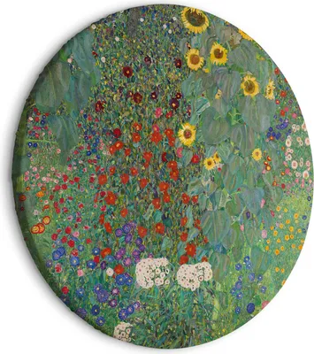 Produktbild von Italienischer Leinwand Rundes Bild - Country Garden With Sunflowers, Gustav Klimt - Multi-Colored Flowers 60x60 cm Reproduktionen l-G-10018-bc-a